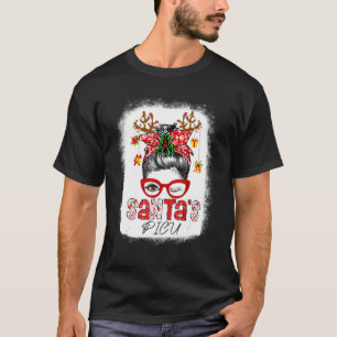Santas Picu Christmas Woman Messy Bun Xmas Bleache T-Shirt