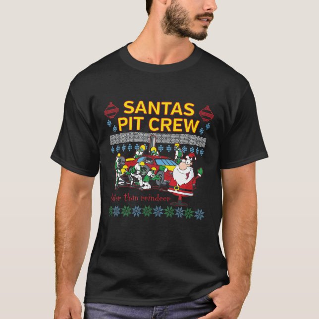 Santa's Pit Crew Race Car Ugly Christmas T-Shirt (Front)