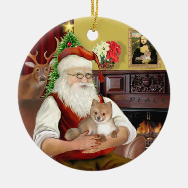 Santa's Pomeranian (R) Ceramic Ornament (Front)