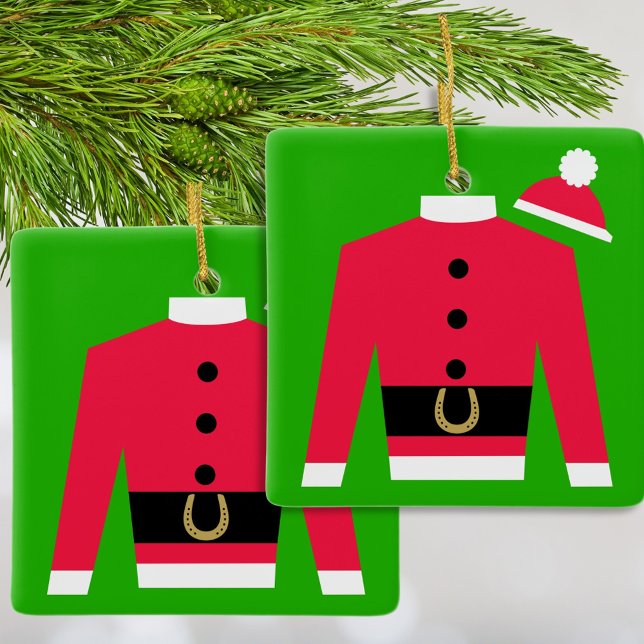 Santa's Racing Silks Square Ornament (Santa Claus jockey silks in bright read on green with a fluffy pompom. Square Christmas Ornament.)