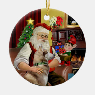 Santa's Red Siberian Husky Ceramic Ornament