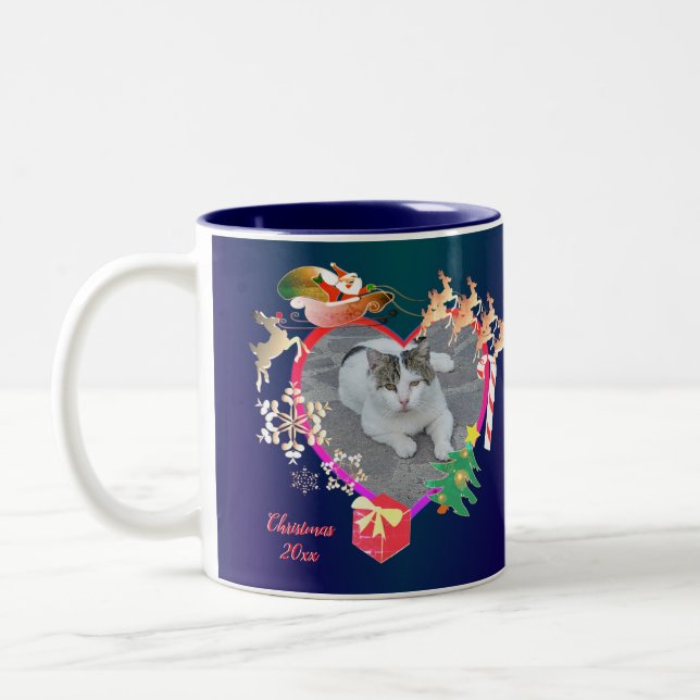 Santa's Reindeer Photo Heart Frame Two-Tone Coffee Mug (Left)
