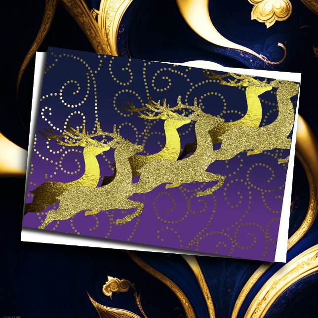 Santa's Reindeer Purple Navy Blue Gold Holiday Card (Creator Uploaded)
