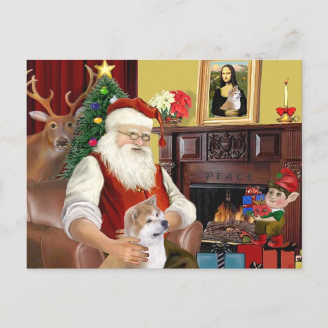 Santa's Shiba Inu (looking up) Holiday Postcard (Front)