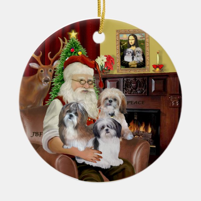 Santa's Shih Tzus (THREE) Ceramic Tree Decoration (Front)