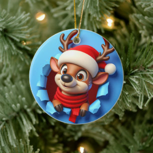 Santa's Silly Reindeer Christmas Ceramic Ornament