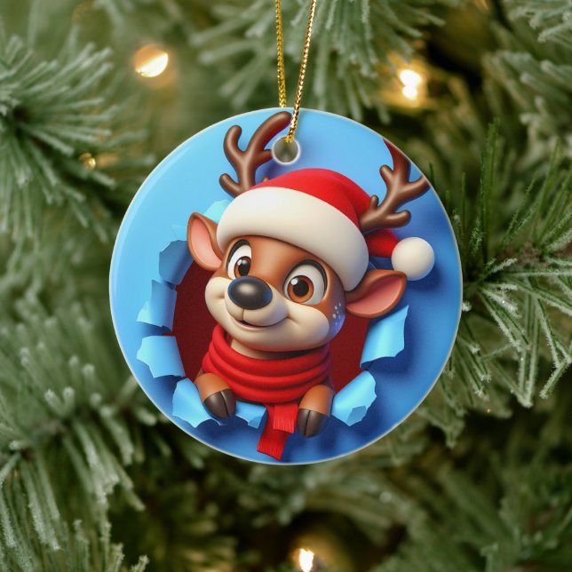 Santa's Silly Reindeer Christmas Ceramic Ornament (Tree)