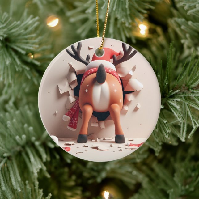Santa's Silly Reindeer Christmas Ceramic Ornament (Tree)