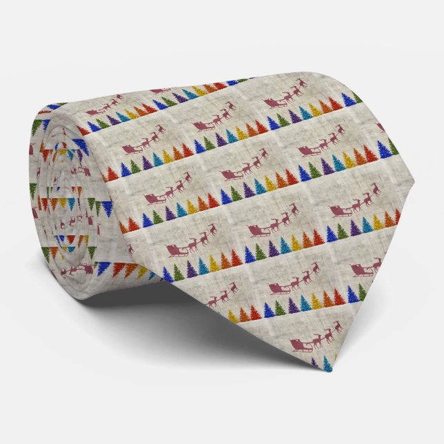Santa's Sleigh and Colorful Trees Tie (Rolled)