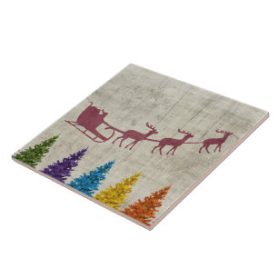 Santa's Sleigh and Colourful Trees Ceramic Tile