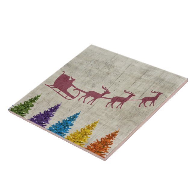 Santa's Sleigh and Colourful Trees Ceramic Tile (Side)