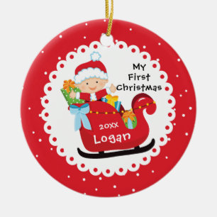 Santa's Sleigh Baby's First Christmas Ceramic Ornament