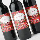 Santa's Sleigh Christmas Ornament Wine Label<br><div class="desc">A white Christmas ornament with a silhouette of Santa and his sleigh,  evergreen trees,  the words Merry Christmas and your family name in chic lettering are featured on an abstract holiday-coloured pattern background on these custom wine bottle labels.</div>