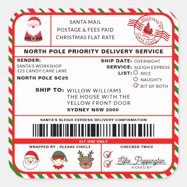 Santas Sleigh Christmas Shipping Label Sticker (Front)