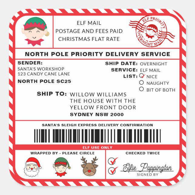 Santas Sleigh Christmas Shipping Label Sticker (Front)