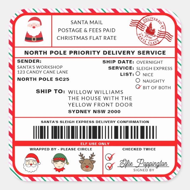 Santas Sleigh Christmas Shipping Label Sticker (Front)