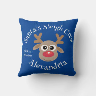 Santa's Sleigh Crew Cartoon Reindeer Cute Blue Cushion