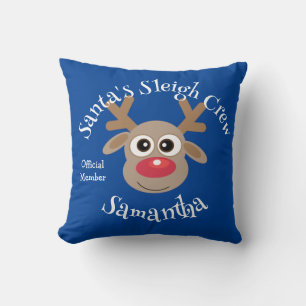 Santa's Sleigh Crew Cartoon Reindeer Cute Blue Cushion