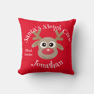 Santa's Sleigh Crew Cartoon Reindeer Cute Red Cushion