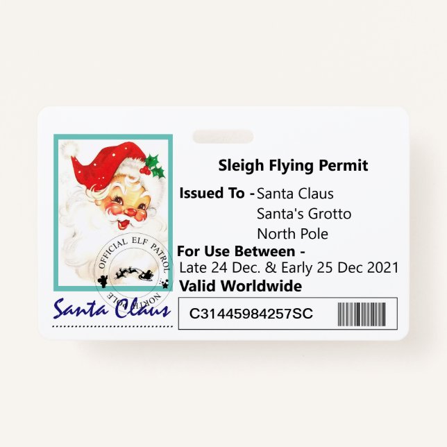 Santa's Sleigh Driving Licence For Kids ID Badge (Front)