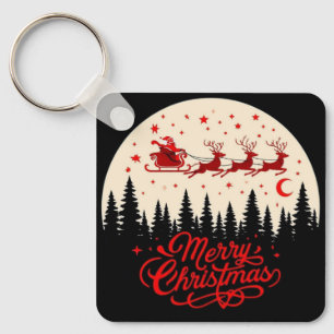 Santa's Sleigh Merry Christmas Forest Scene Art" Key Ring