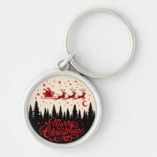 Santa's Sleigh Merry Christmas Forest Scene Art" Key Ring