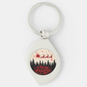Santa's Sleigh Merry Christmas Forest Scene Art" Key Ring