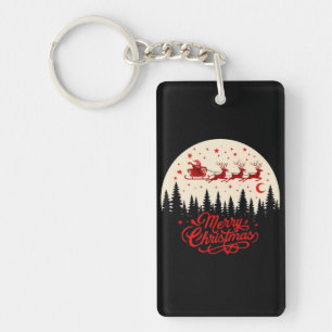 Santa's Sleigh Merry Christmas Forest Scene Art" Key Ring
