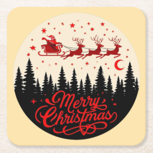 Santa's Sleigh Merry Christmas Forest Scene Art" Square Paper Coaster