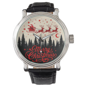 Santa's Sleigh Merry Christmas Forest Scene Art Watch