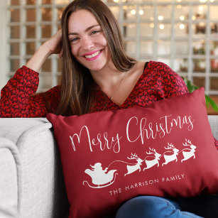 Santas Sleigh Merry Christmas Red Lumbar Cushion