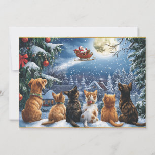 Santa's Sleigh Over Moonlit Winter Forest Holiday Card