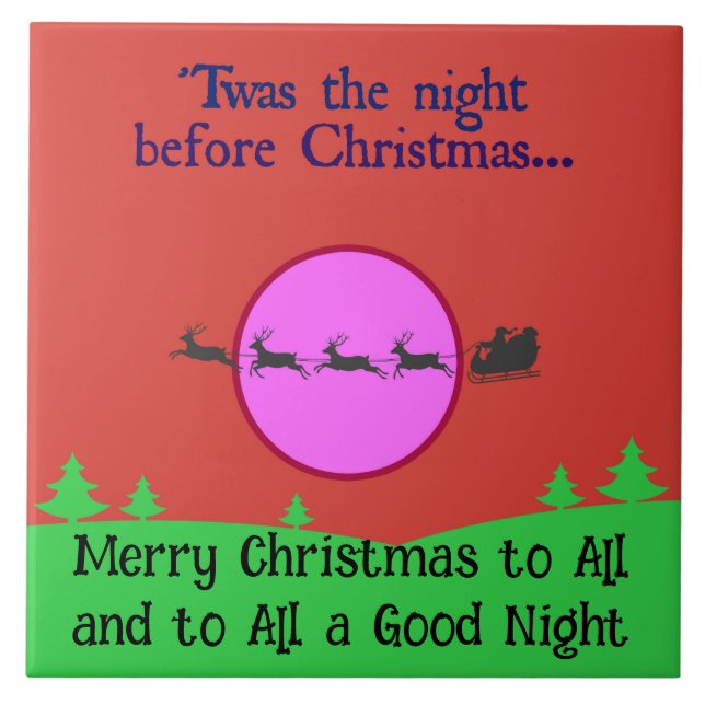 Santa's Sleigh Passing Pink-purple Full Moon Red  Ceramic Tile (Front)