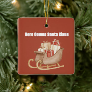 Santa's Sleigh Red Cream Gifts Ceramic Ornament