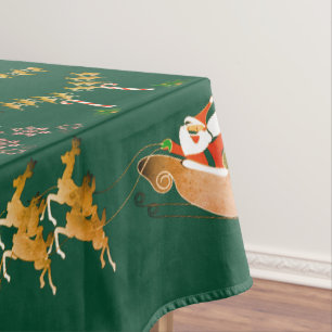 Santa's Sleigh Reindeer Christmas Trendy Green Tablecloth