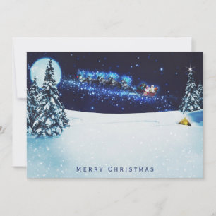 Santa's Sleigh & Reindeer in Night Sky Christmas Holiday Card