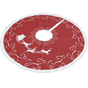 Santa's Sleigh & Reindeer in Red & White Brushed Polyester Tree Skirt