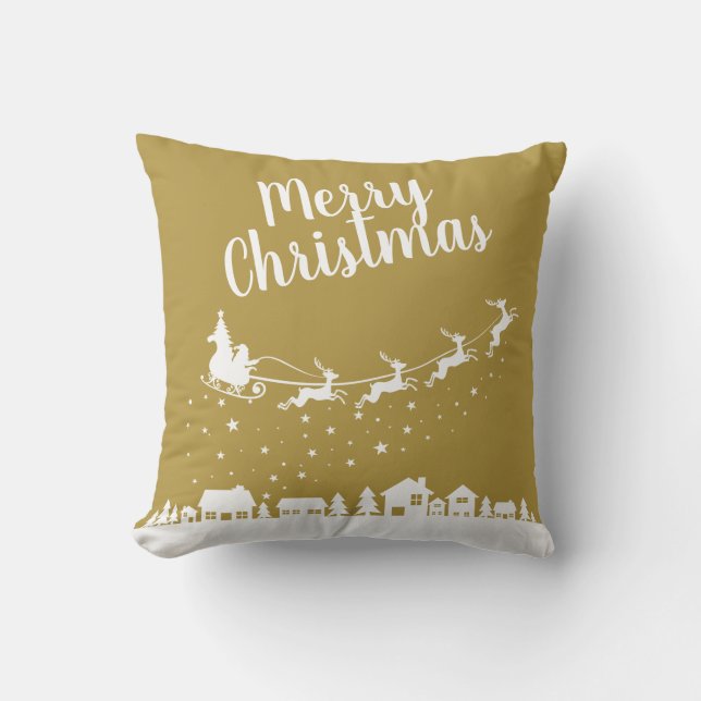 Santa's sleigh & reindeers flying above the city cushion (Front)