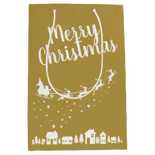 Santa's sleigh & reindeers flying above the houses medium gift bag