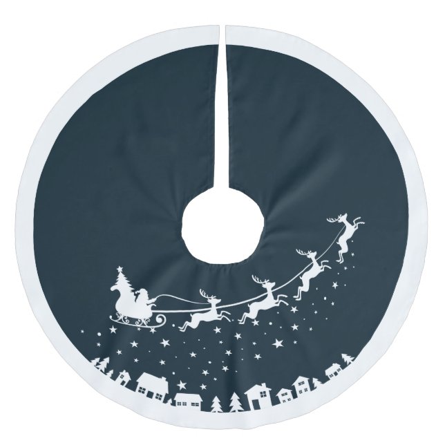 Santa's sleigh silhouette flying above the houses brushed polyester tree skirt (Front)