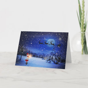 Santa's Sleigh Snowy Night Christmas Greeting Card