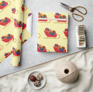 Santa's Sleigh with Christmas Gift Yellow Seamless Wrapping Paper