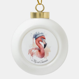 Santa's Snowbird Flamingo, custom Ceramic Ball Christmas Ornament