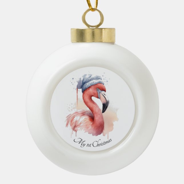 Santa's Snowbird Flamingo, custom Ceramic Ball Christmas Ornament (Front)