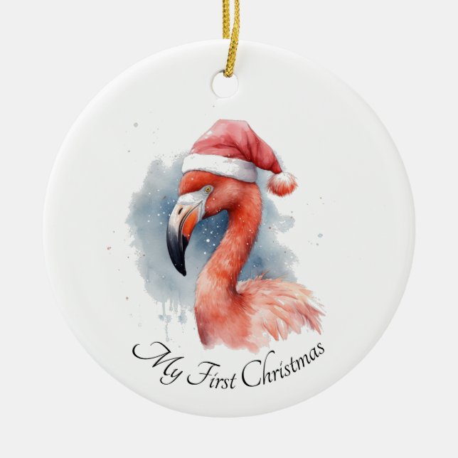 Santa's Snowbird Flamingo, custom Ceramic Ornament (Front)