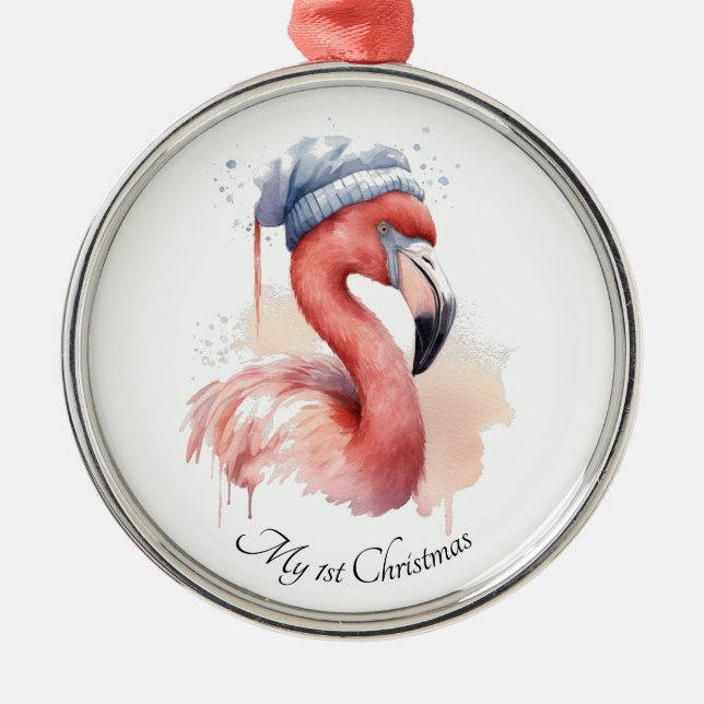 Santa's Snowbird Flamingo, custom Metal Ornament (Front)