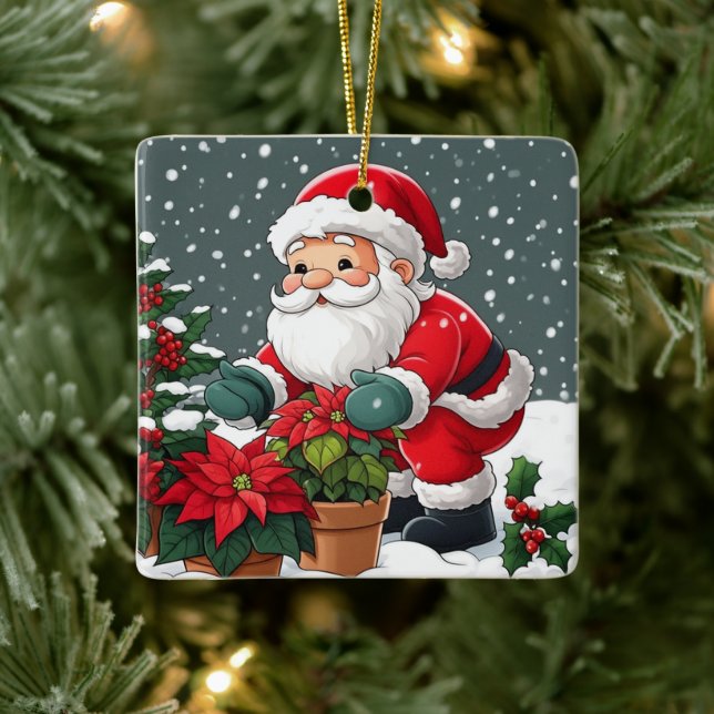 Santa's Snowy Poinsettia Garden Ceramic Ornament (Tree)
