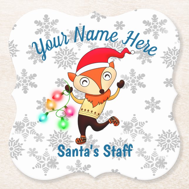 Santa's Staff Member Dancing Fox Christmas Custom Paper Coaster (Front)