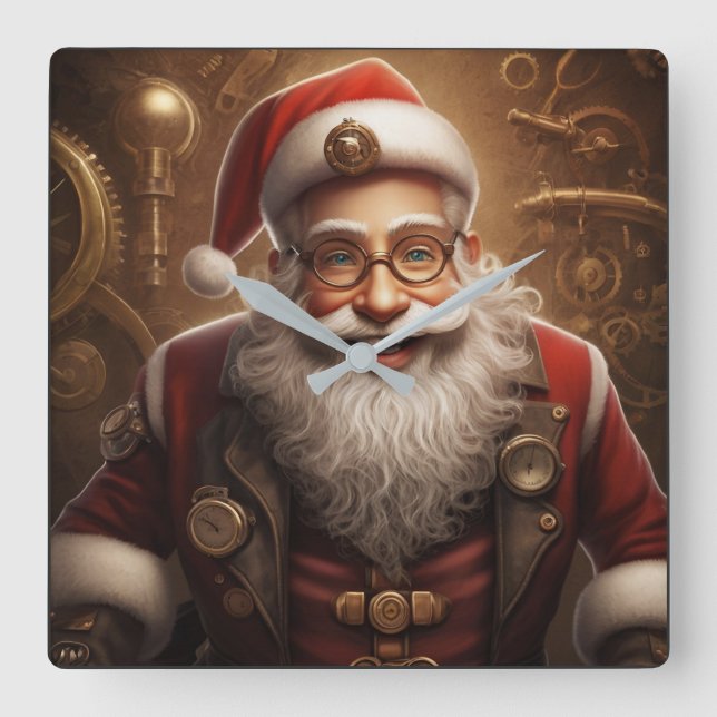 Santa's Steampunk Christmas Square Wall Clock (Front)
