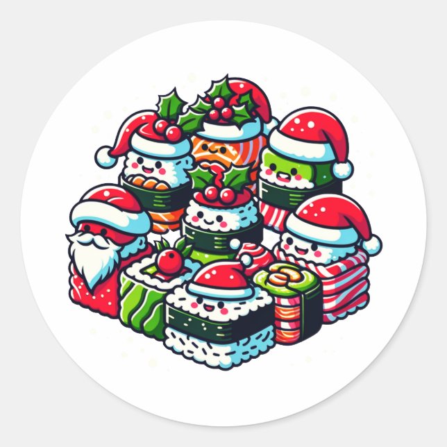 Santa's Sushi Delight - Festive Christmas Art Classic Round Sticker (Front)
